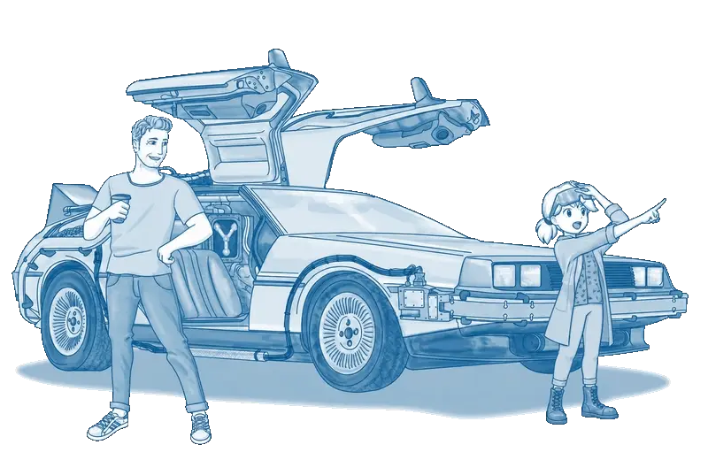 Eine DeLorean-Zeitmaschine mit zwei Teammitgliedern von Resourceful Humans neben einem Tablet mit der aiRH-Plattform